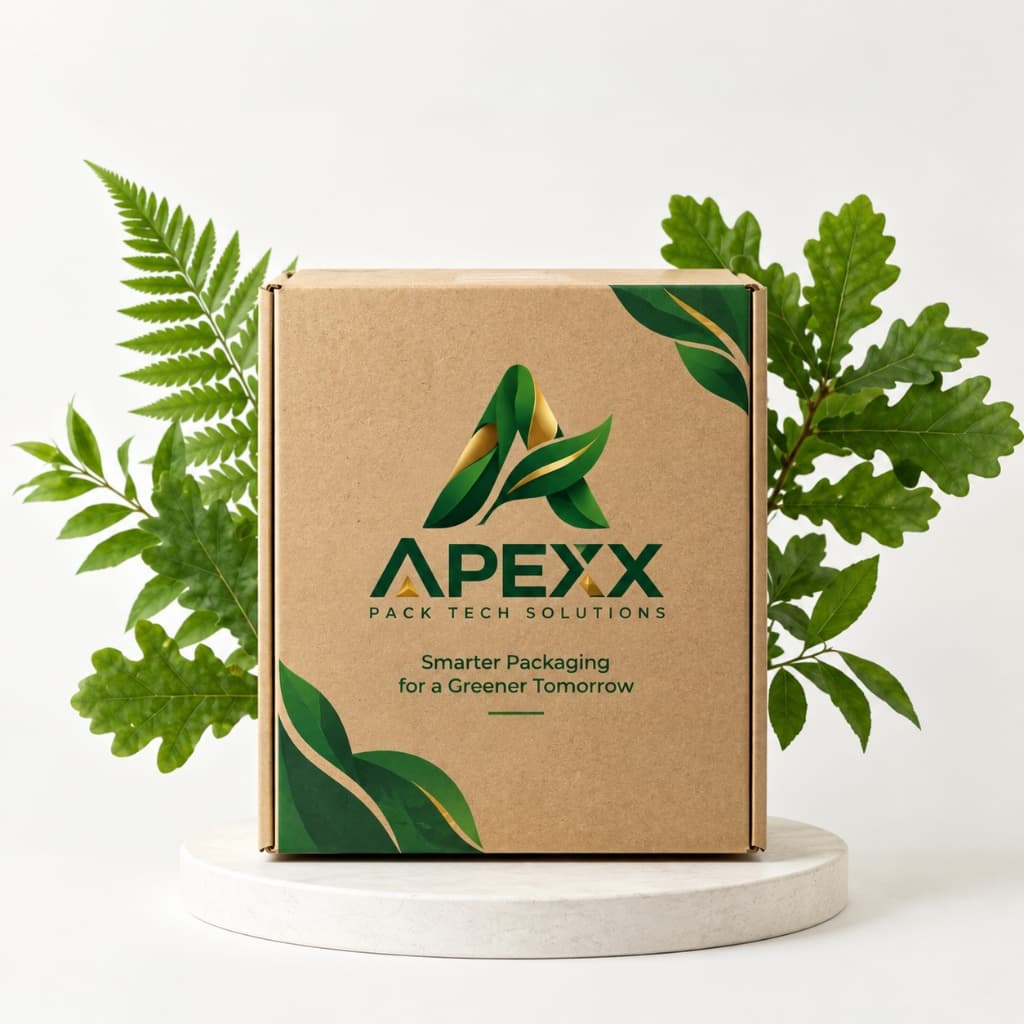 Apexx branded eco-friendly packaging box on marble display pedestal