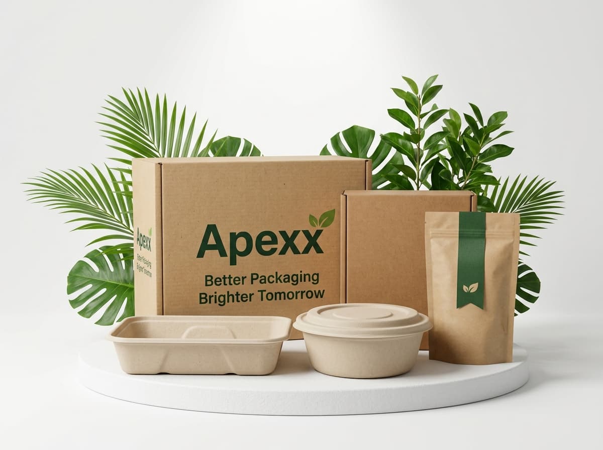 Apexx packaging product group: corrugated boxes, molded fiber containers, kraft pouch on a white circular podium surrounded by green leaves